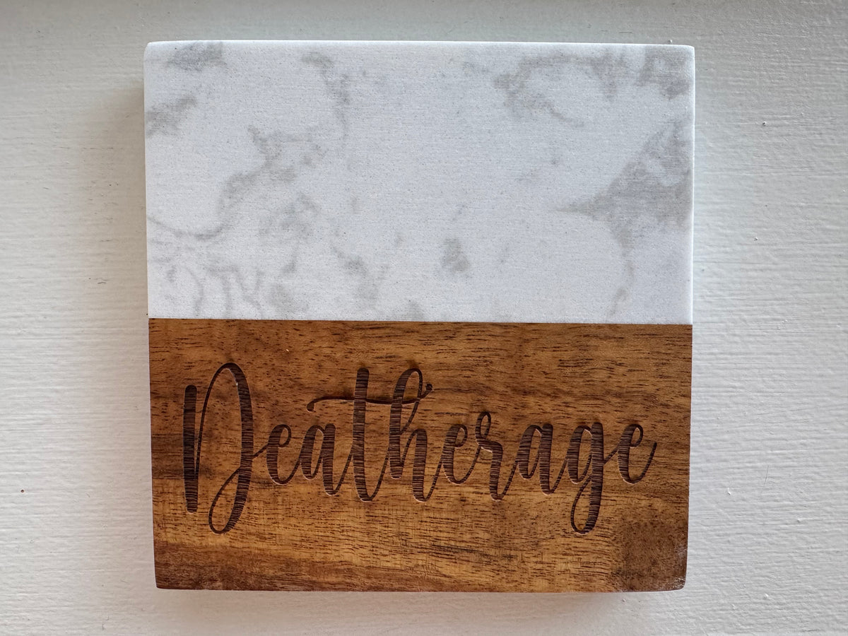 Marble and Wood Coasters- Engraved- Set of 4 with Holder