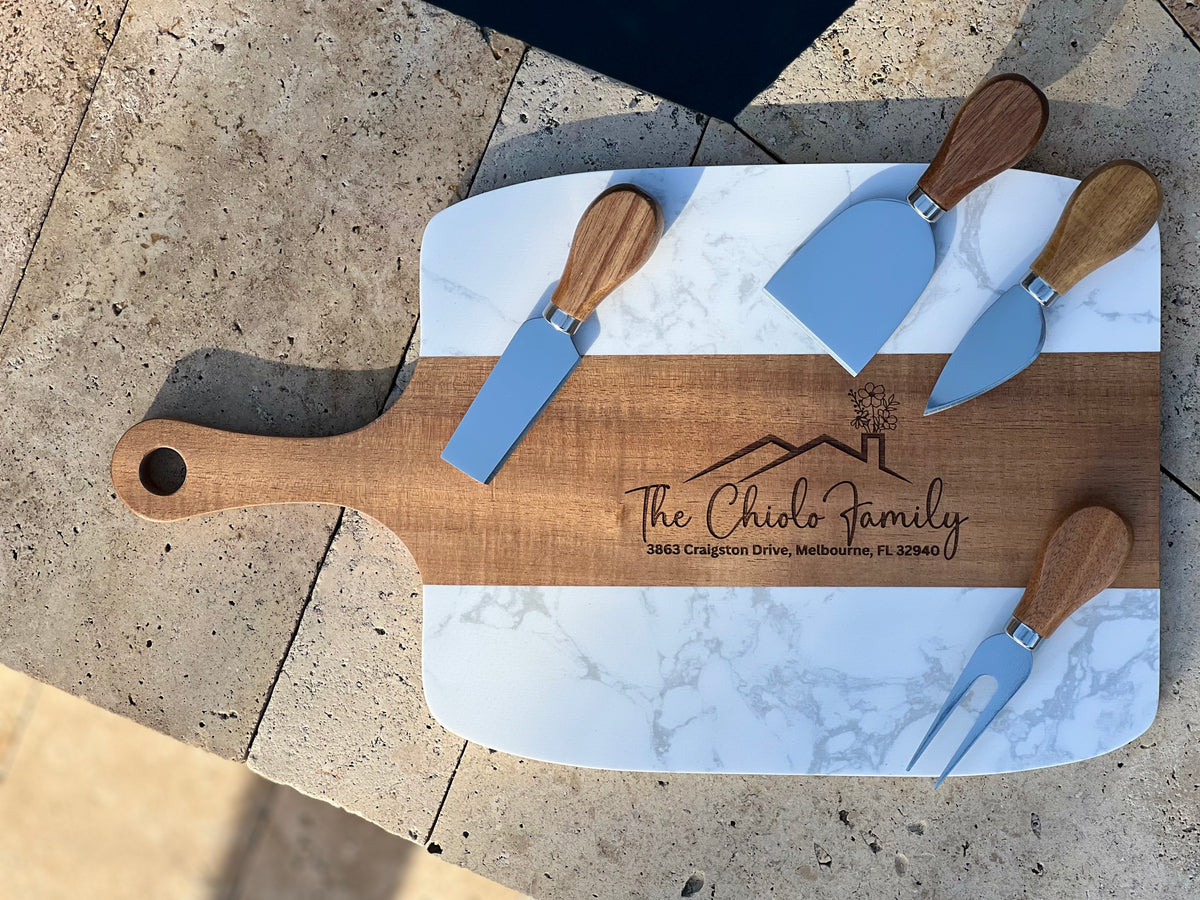 Wood and Marble Charcuterie Board with Utencils- Personalzied